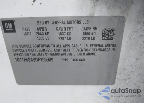 2013 Chevrolet Malibu 2Lt from USA, damaged, VIN 1G11E5SA9DF195939